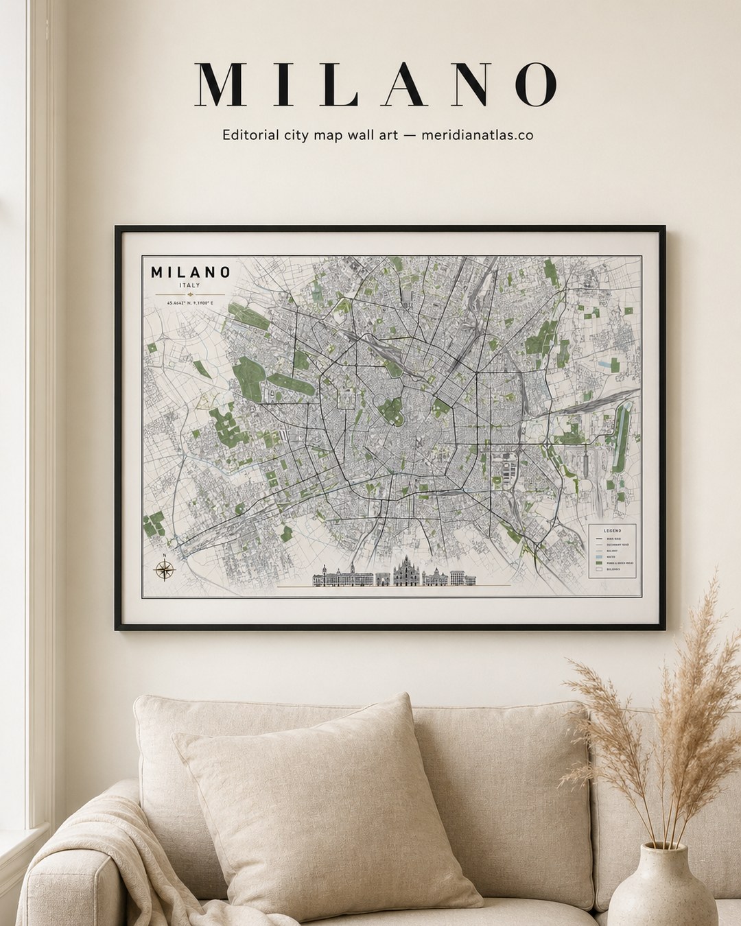 Milano framed map print shown in an interior