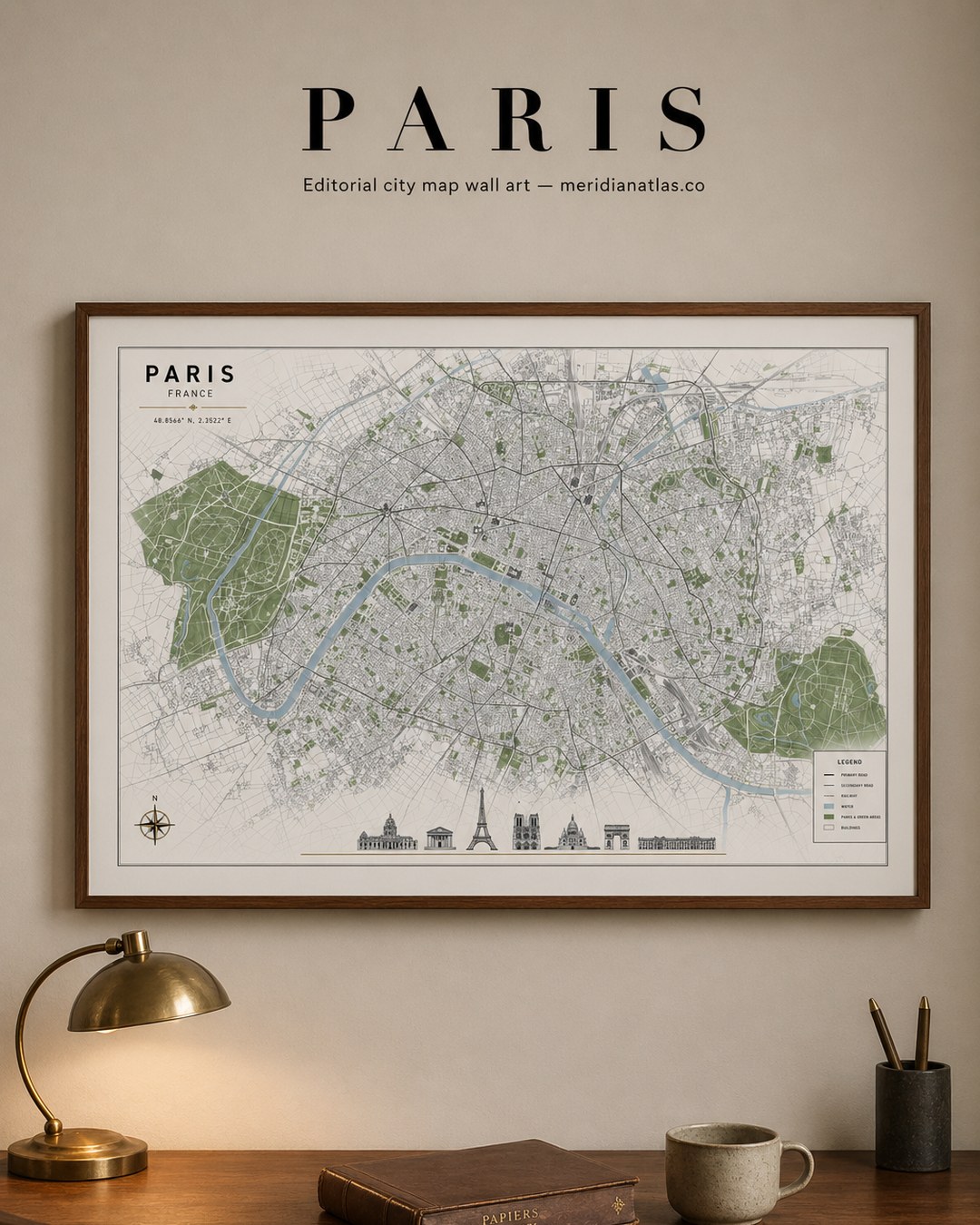 PARIS framed map print shown in an interior