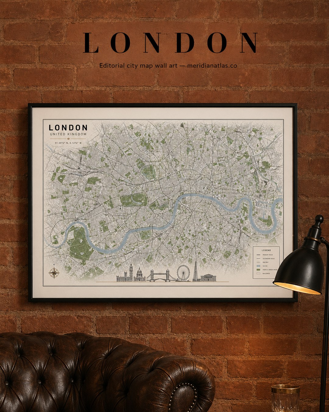 LONDON framed map print shown in an interior