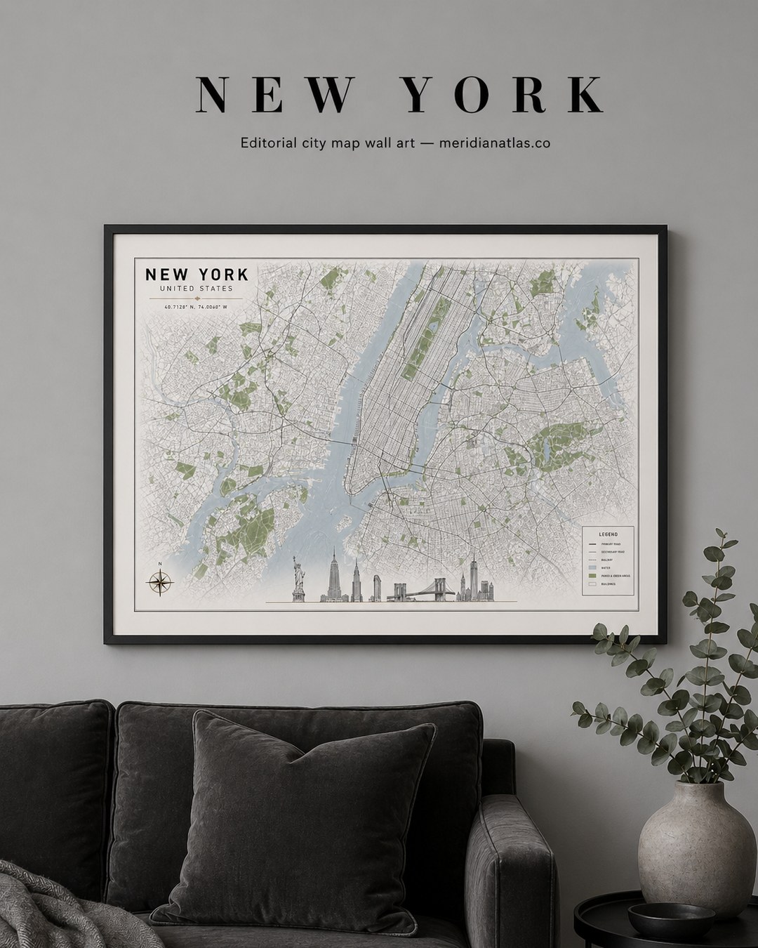 NEW YORK framed map print shown in an interior