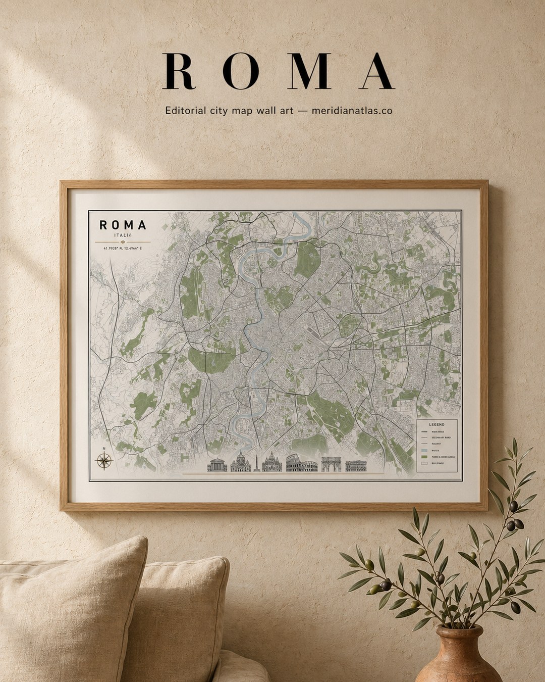 ROMA framed map print shown in an interior