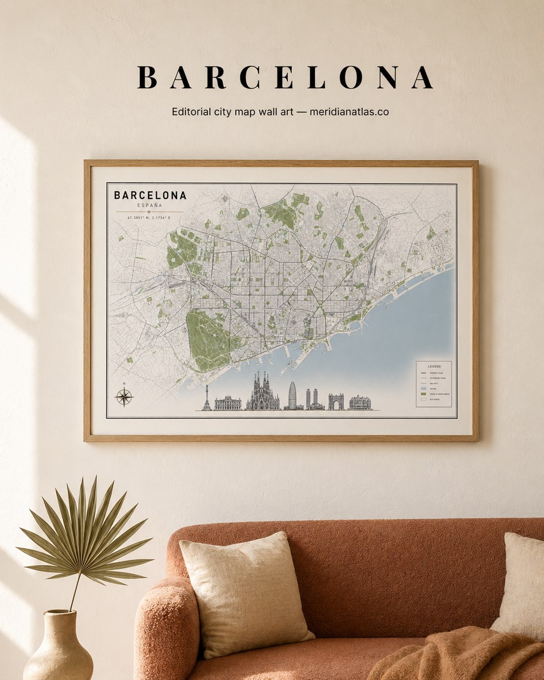 BARCELONA framed map print shown in an interior