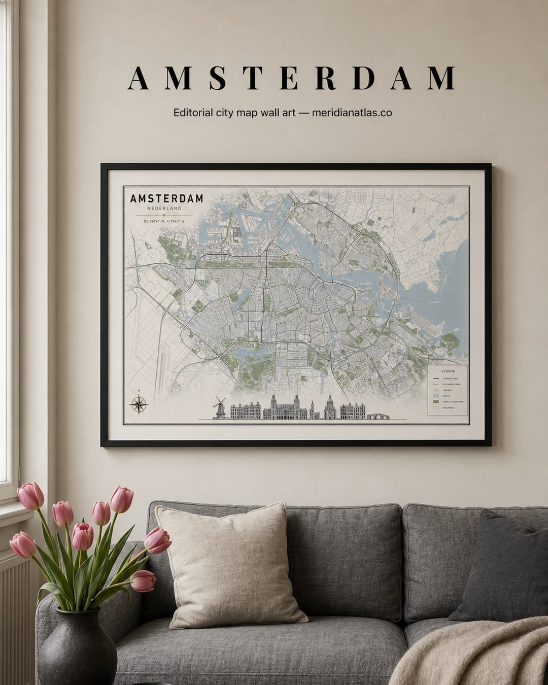 AMSTERDAM framed map print shown in an interior