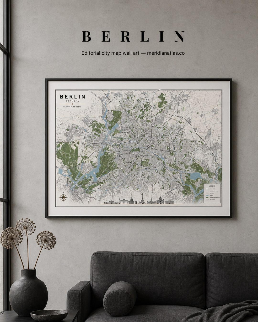 BERLIN framed map print shown in an interior