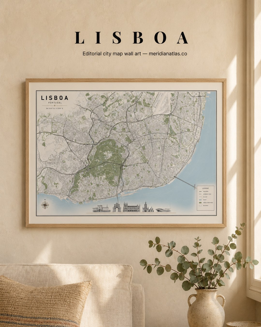 LISBOA framed map print shown in an interior