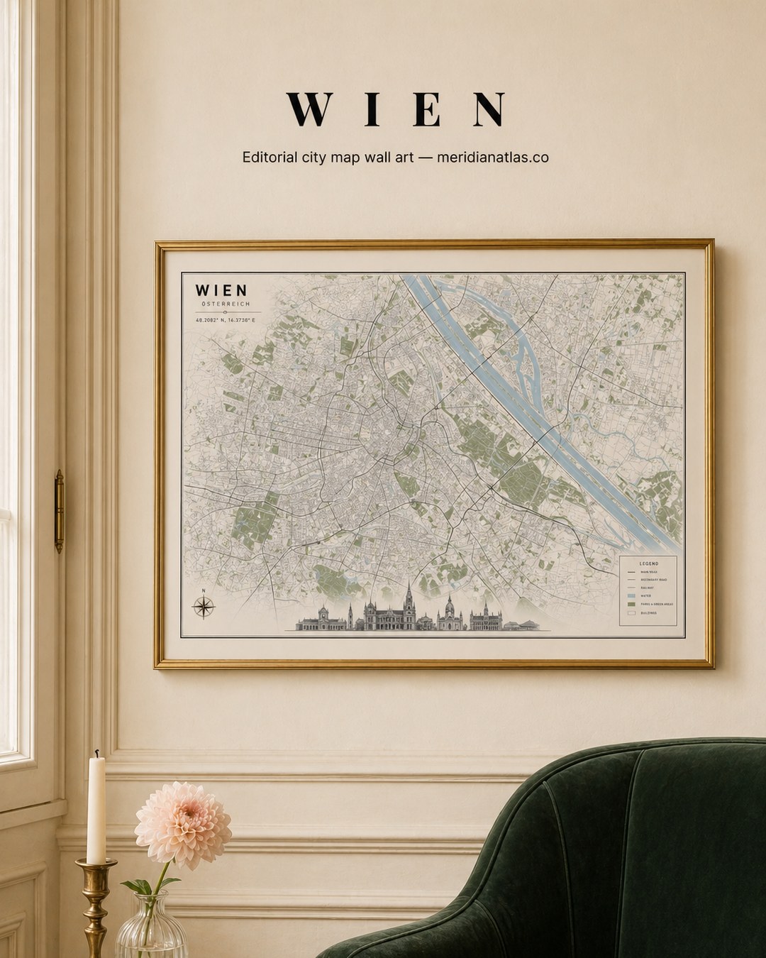 WIEN framed map print shown in an interior