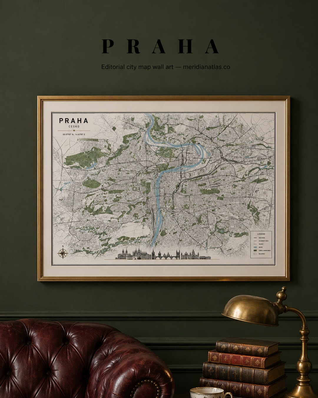 PRAHA framed map print shown in an interior