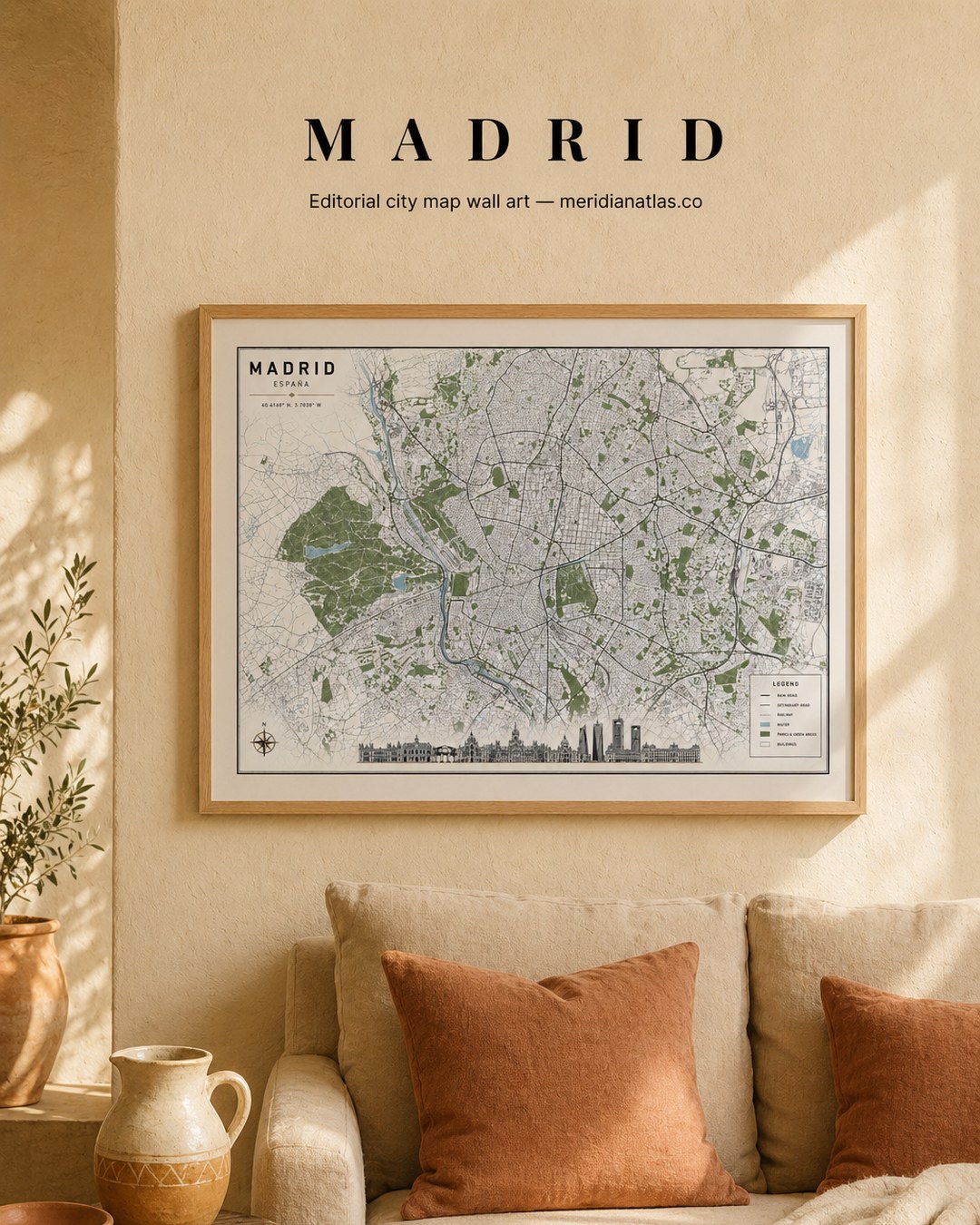MADRID framed map print shown in an interior