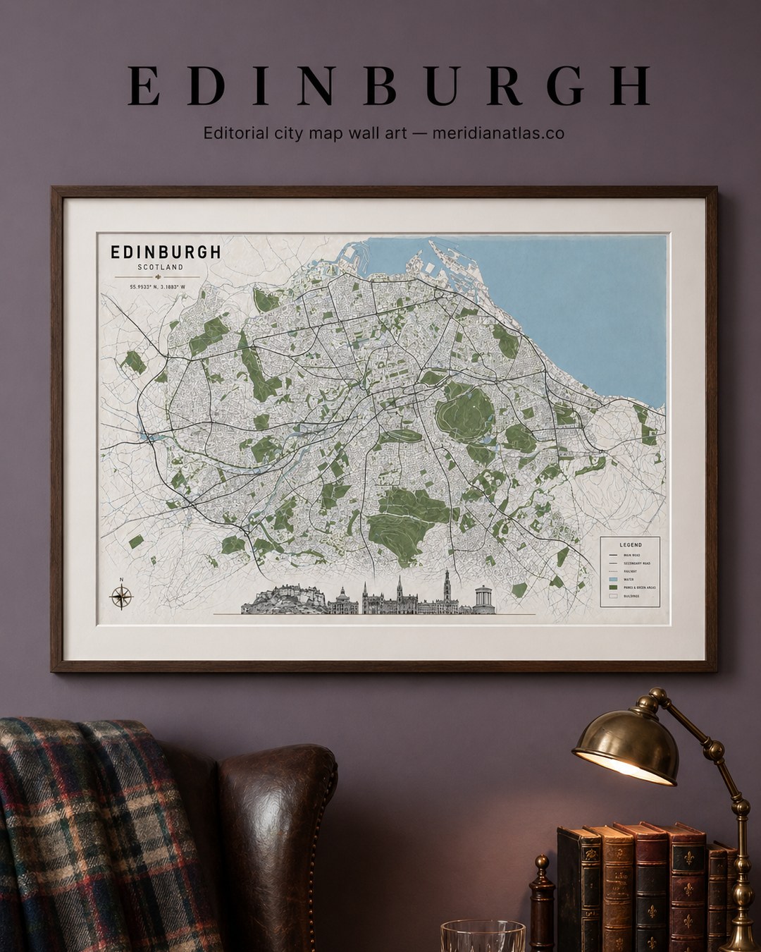 EDINBURGH framed map print shown in an interior