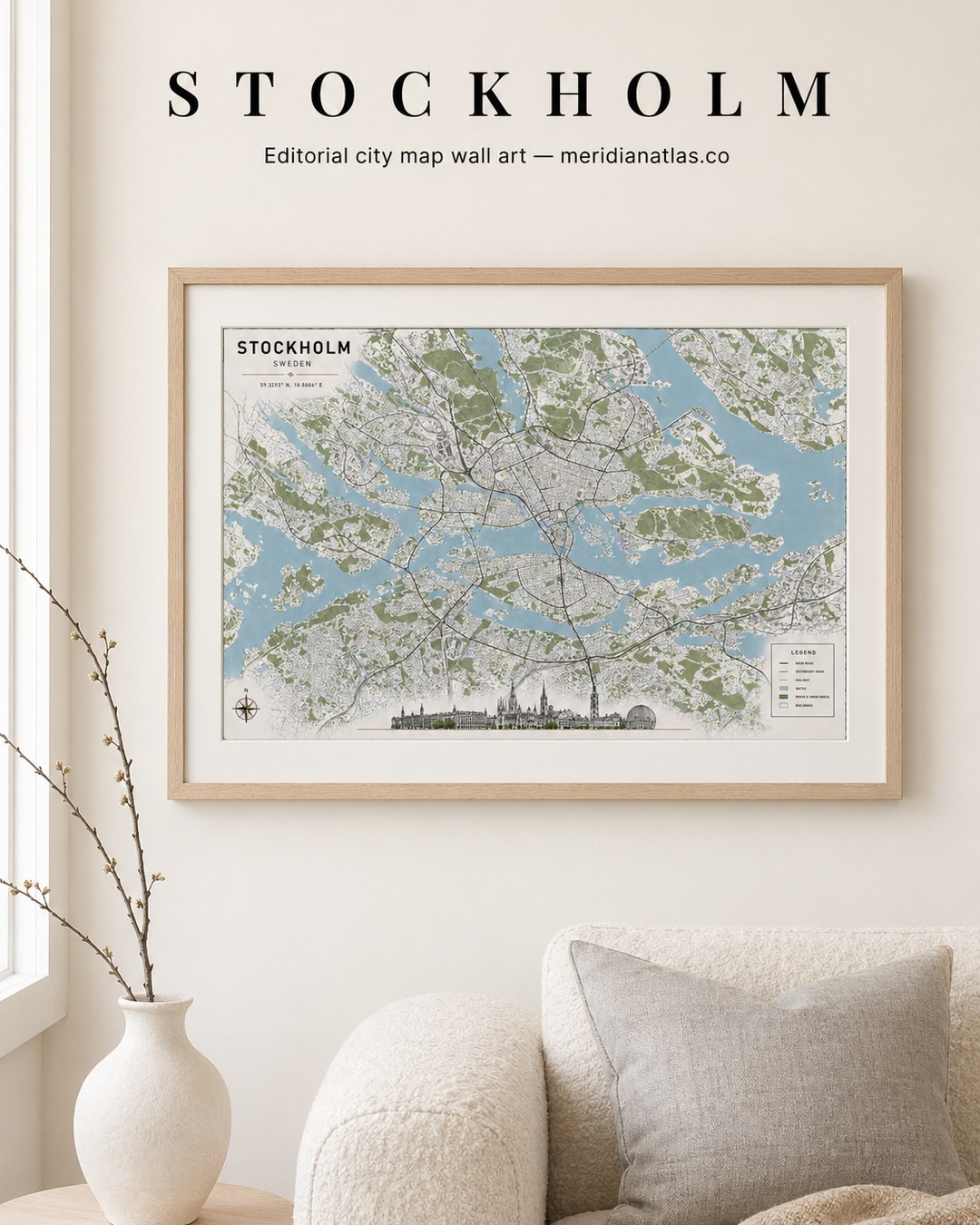 STOCKHOLM framed map print shown in an interior