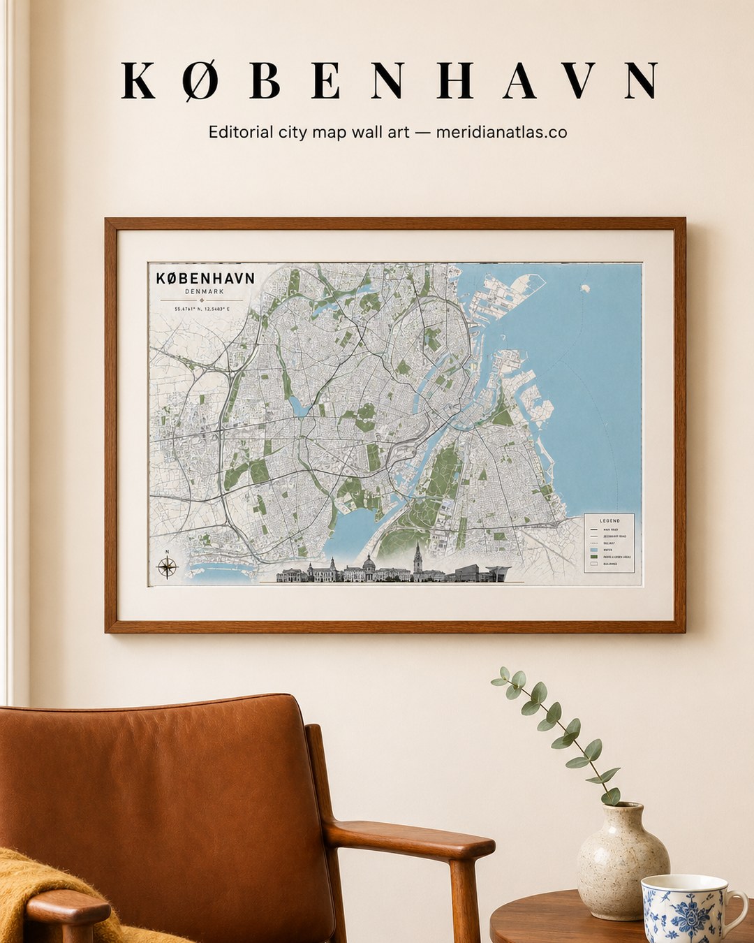 KØBENHAVN framed map print shown in an interior