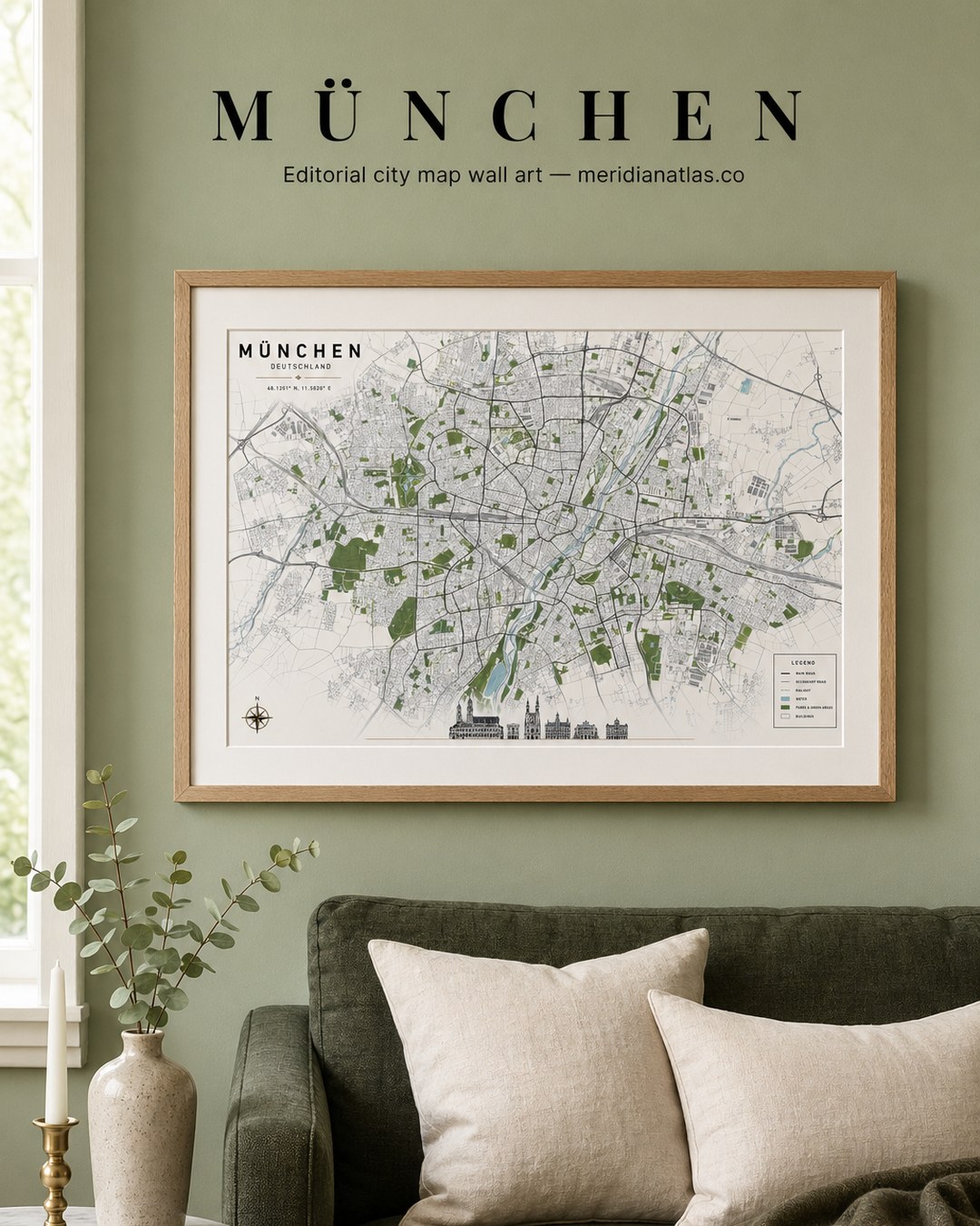 MÜNCHEN framed map print shown in an interior