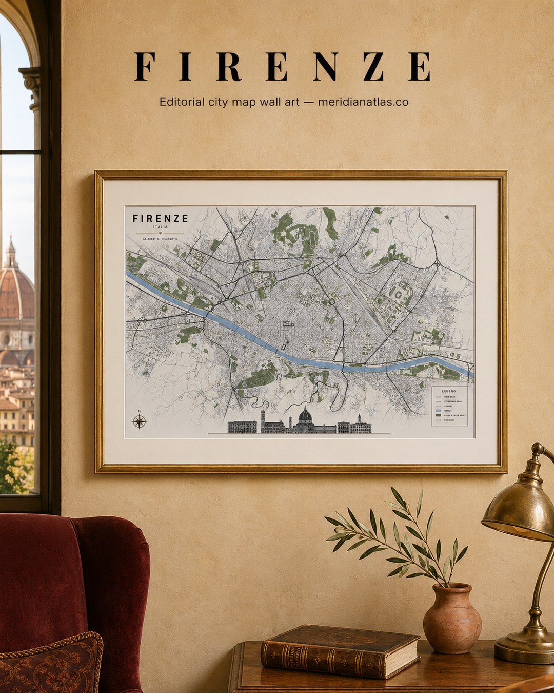 FIRENZE framed map print shown in an interior